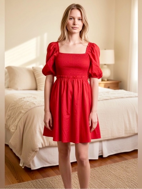Oddi Dresses & Skirts - ODDI Red Puff-Sleeve Smocked Midi Dress NWT